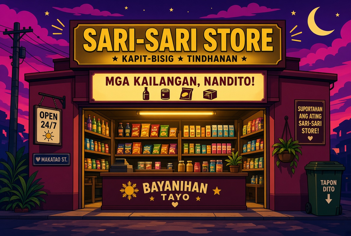 Night sari-sari with a glowing lightbox fascia.