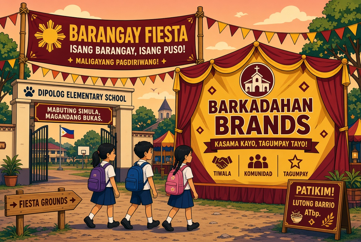 School gate and barangay fiesta backdrop.