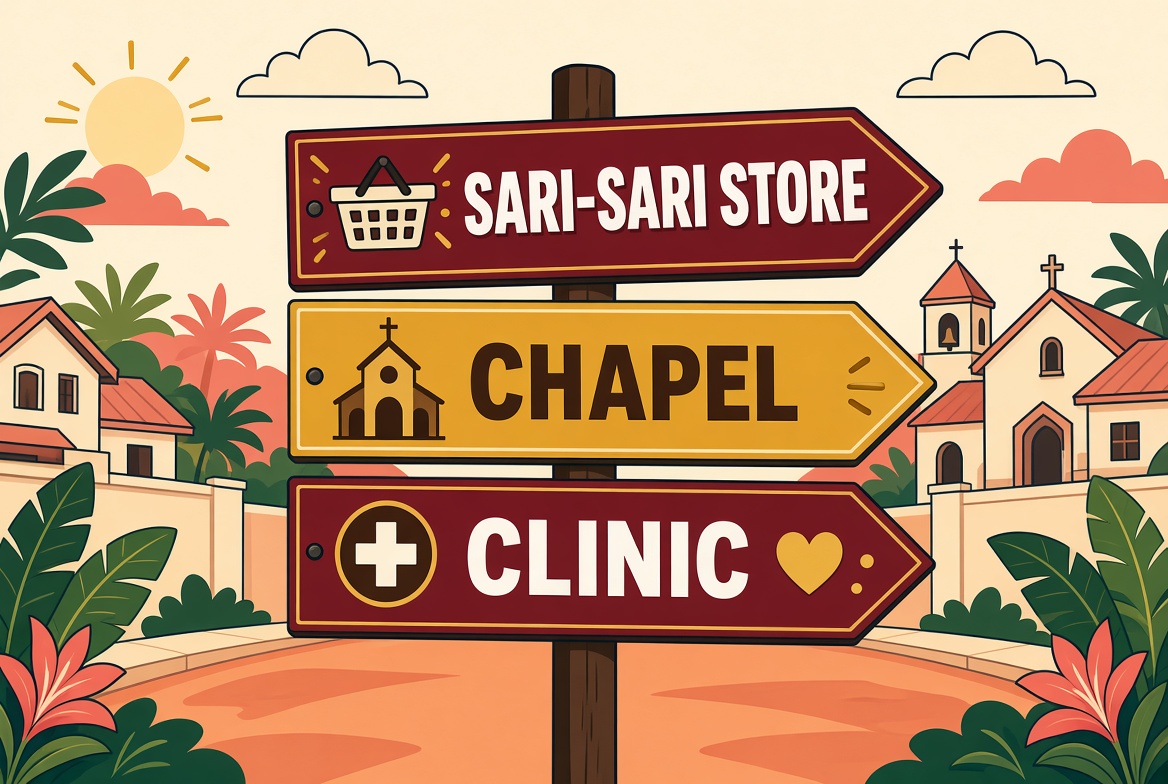 Directional signs to store, chapel, and clinic.