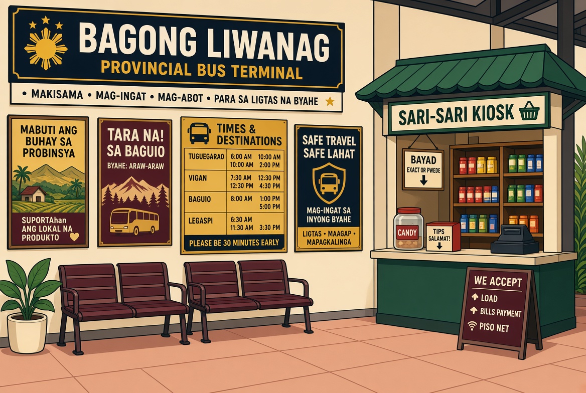Provincial bus terminal waiting wall with liner posters, a small safety screen, and a sari-sari kiosk.